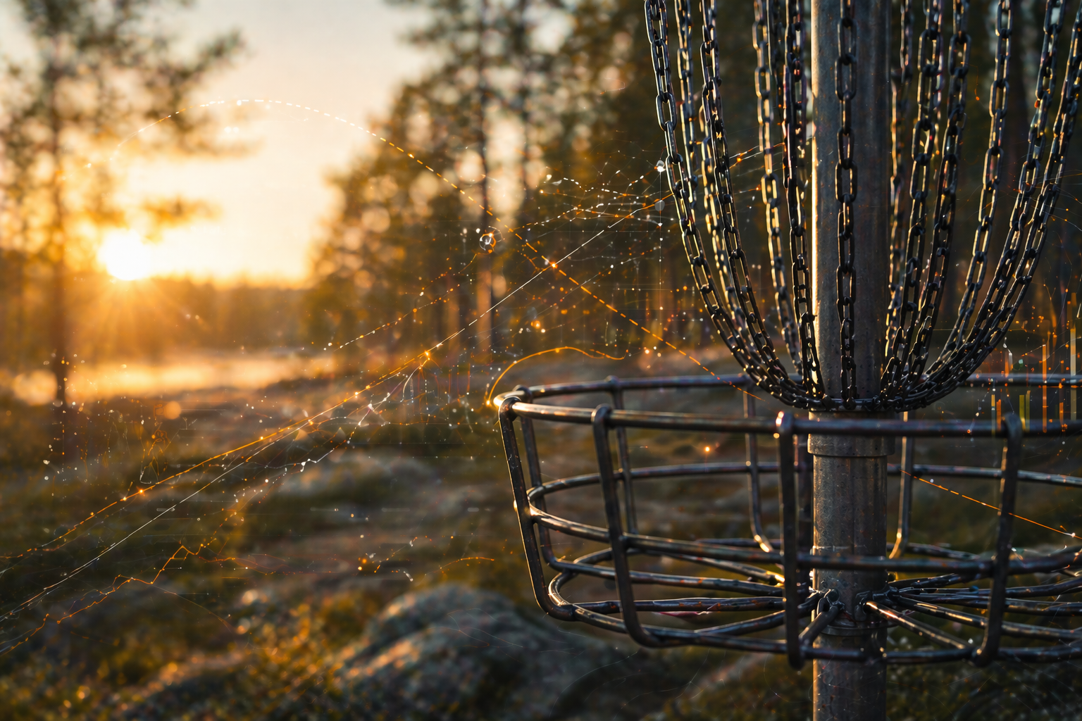 Lähikuva frisbeegolfkorista ja data-viivoista auringonlaskussa